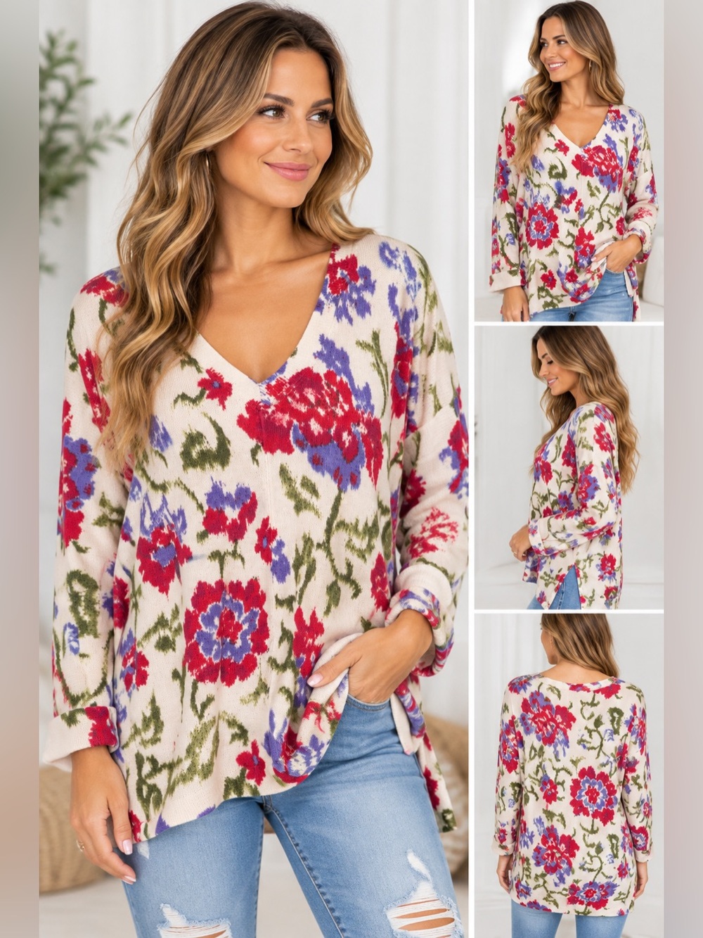 Sundance Women's Floral V-Neck Long Sleeve Knit Sweater size medium